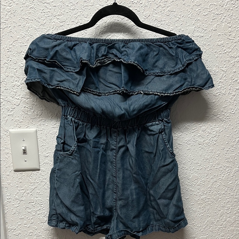 Denim Off-Shoulder Ruffle Top romper